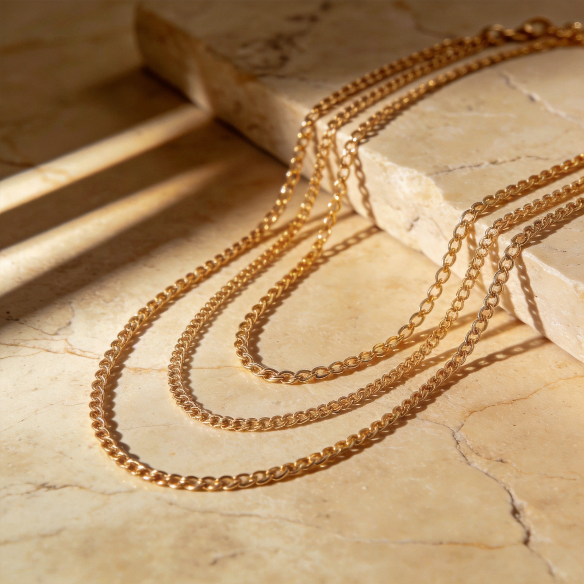 The Lumière layered 18k gold chain necklaces arranged in soft curves
